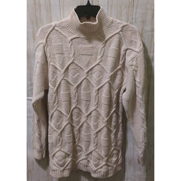 Vintage Mixed Blues Mock Neck Ivory Cable Knit Sweater Medium~80's~Heavy/Thick - Picture 8 of 10